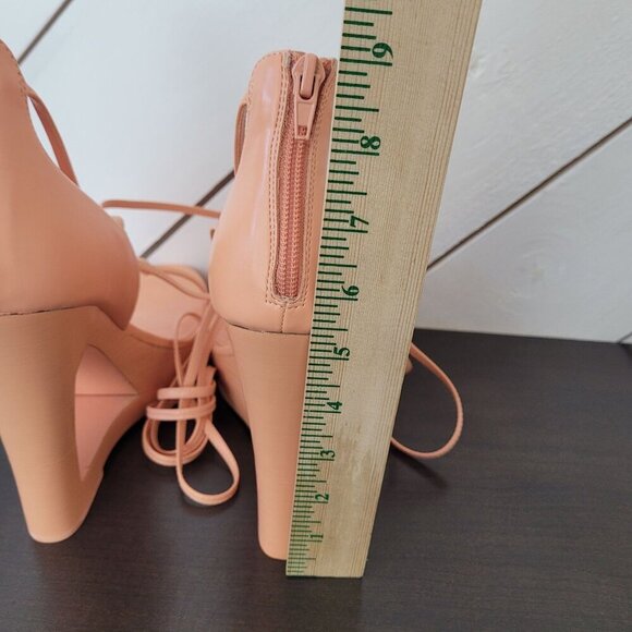 NEW AAJ By Aminah Nina Lace-Up Architectural Wedge Peach orange 9 Heel Sandals - Picture 6 of 9